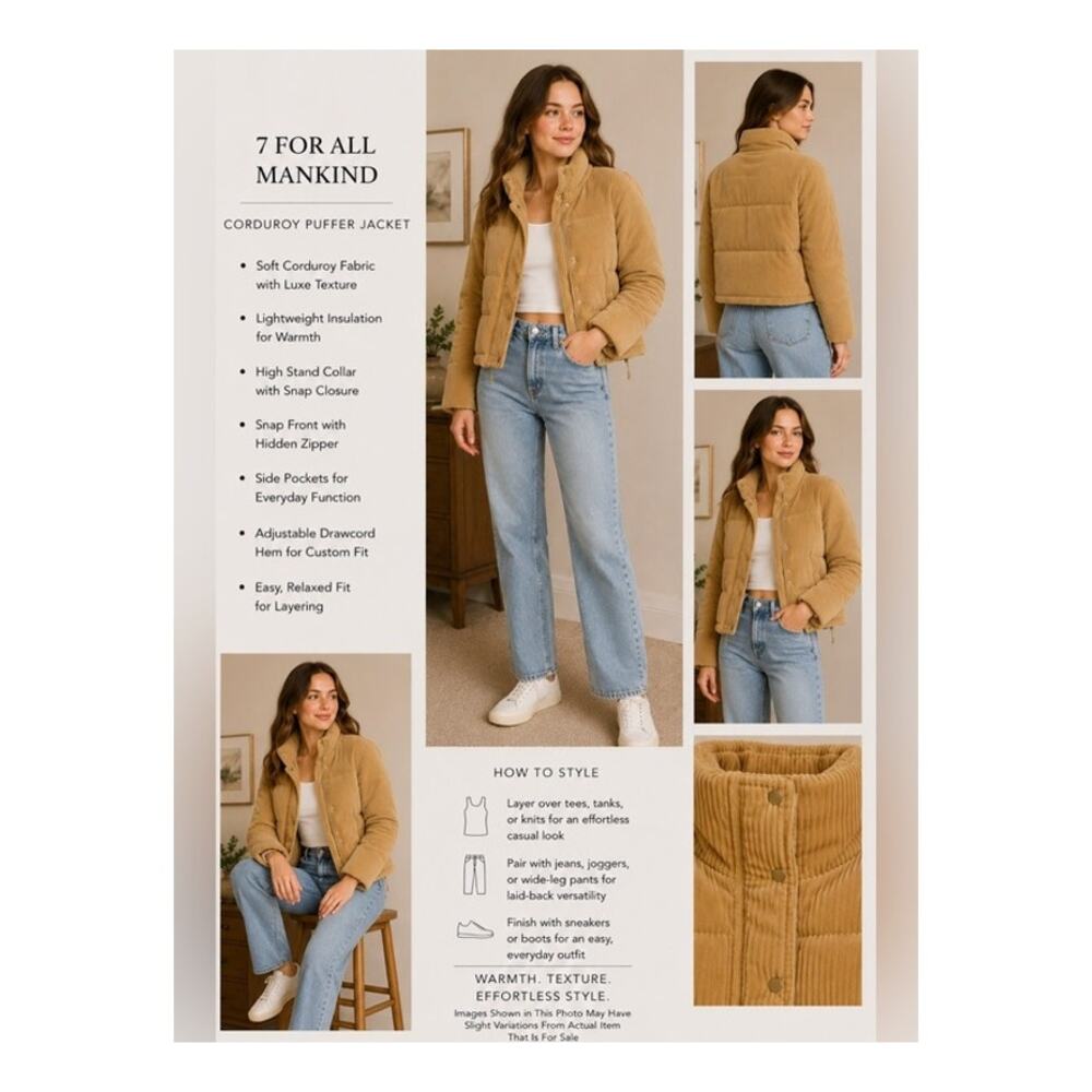 7 For All Mankind Puffer Jacket Womens XS Tan Corduroy Pockets Snap Front Zip Up